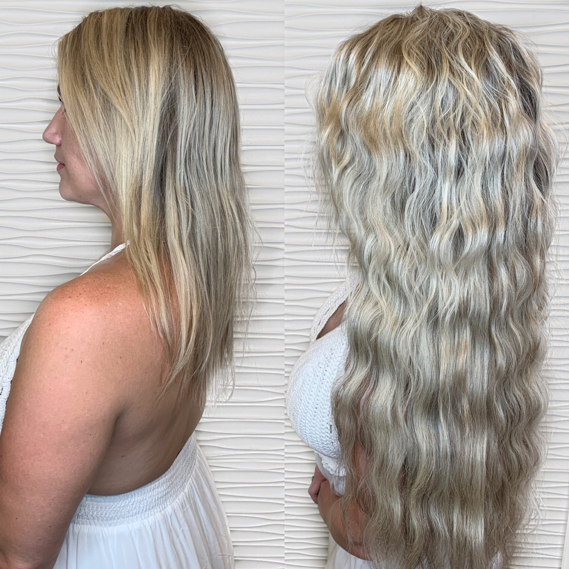 wavy blonde hand tied weft extensions salon VA Beach 3